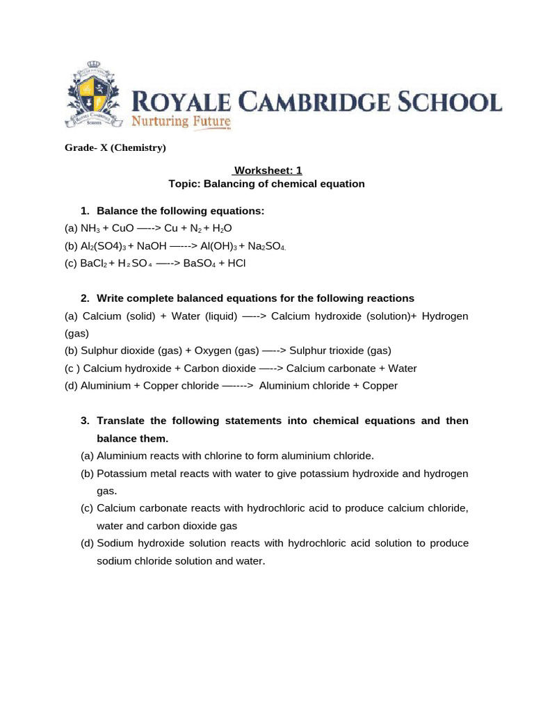 Grade 10 Balancing Equations Worksheet | PDF