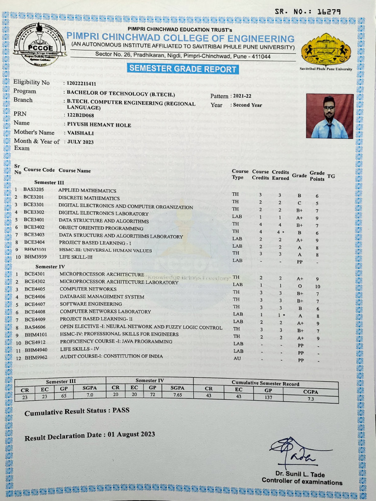 Semester Grade Report - B.Tech 2023 | PDF | Computer Engineering ...
