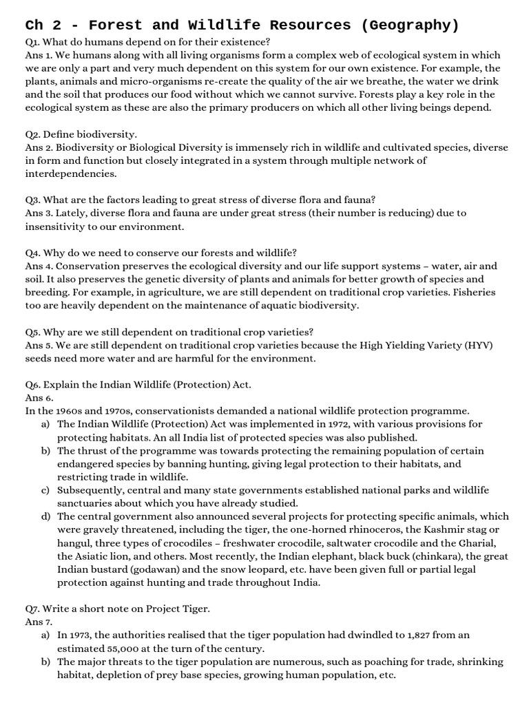 CH 2 - Forest and Wildlife Resources CLASS 10 | PDF | Biodiversity | Tiger