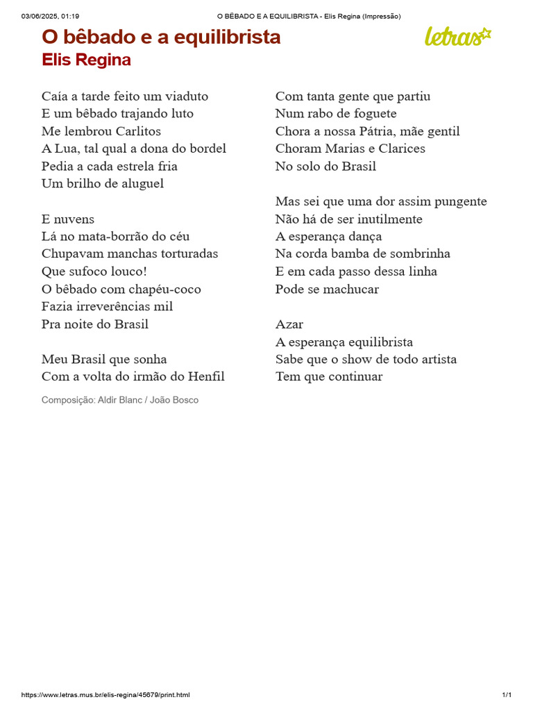 O Bêbado e a Equilibrista: Letra e Análise | PDF