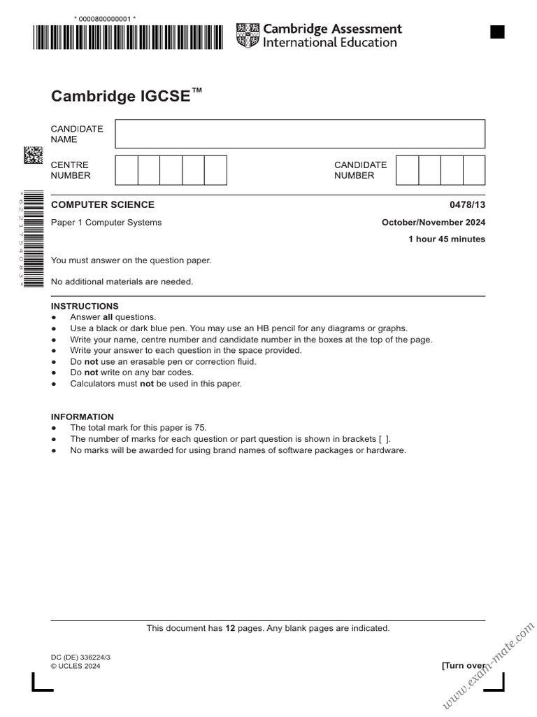 Cambridge IGCSE: Computer Science 0478/13 | PDF | Data Compression ...
