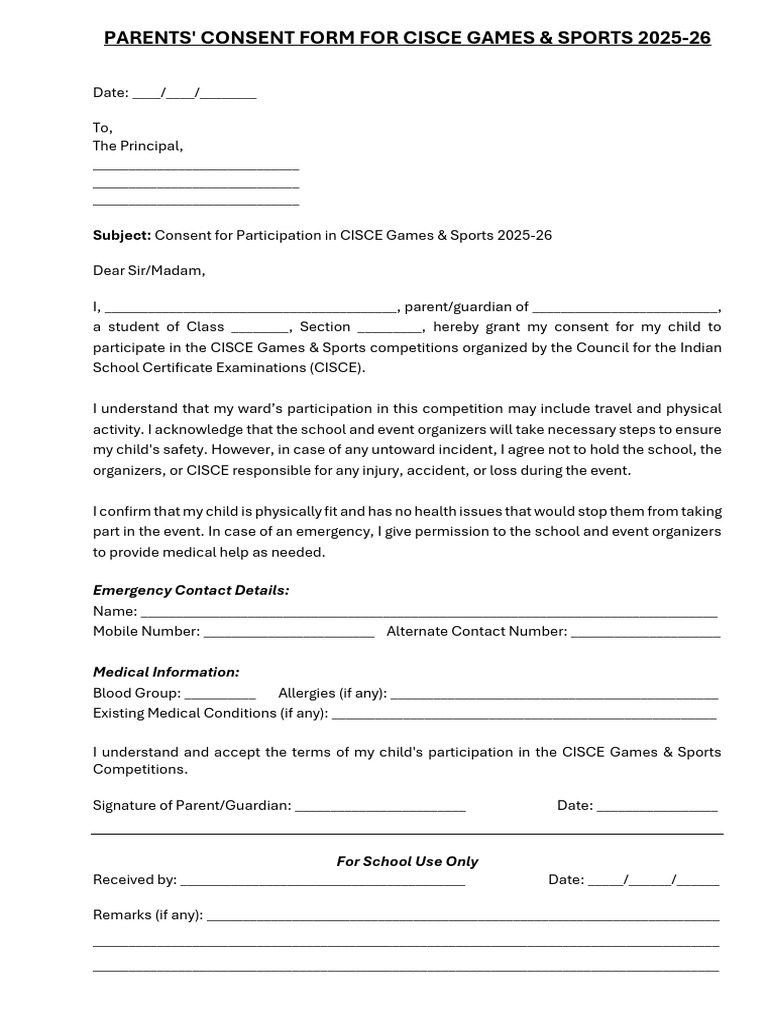 Parental Consent for CISCE Sports 2025-26 | PDF