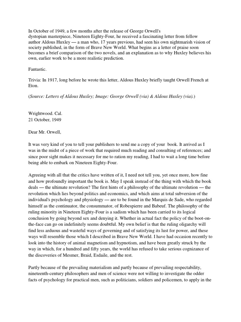 Letter Huxley Orwell PDF Hypnosis Psychology
