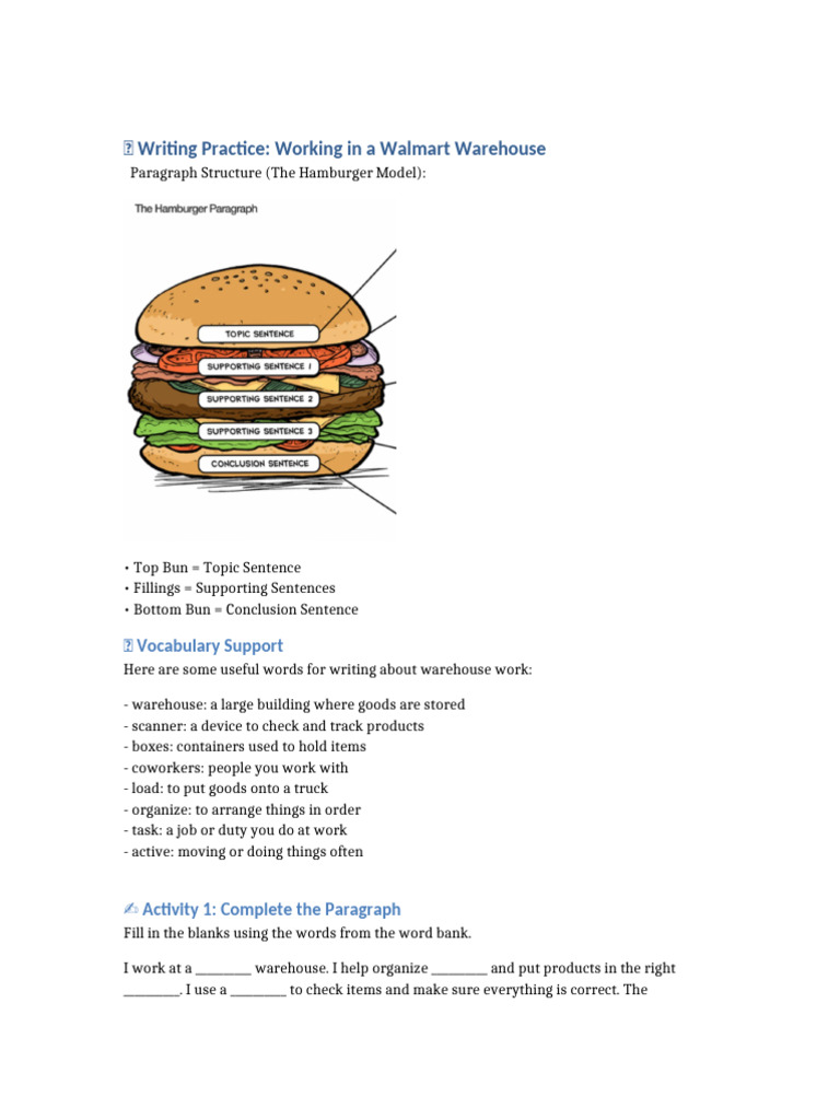 Walmart Warehouse Writing Practice Guide | PDF | Paragraph | Image Scanner