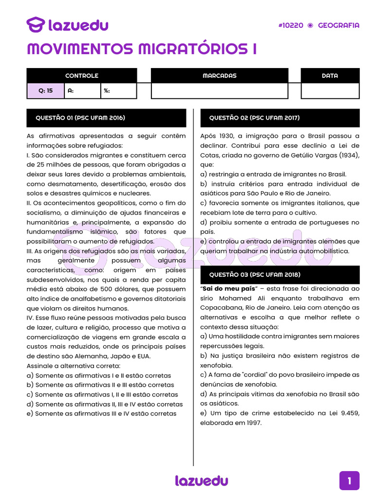 Movimentos Migratórios e Refugiados no Brasil | PDF | Imigração ...