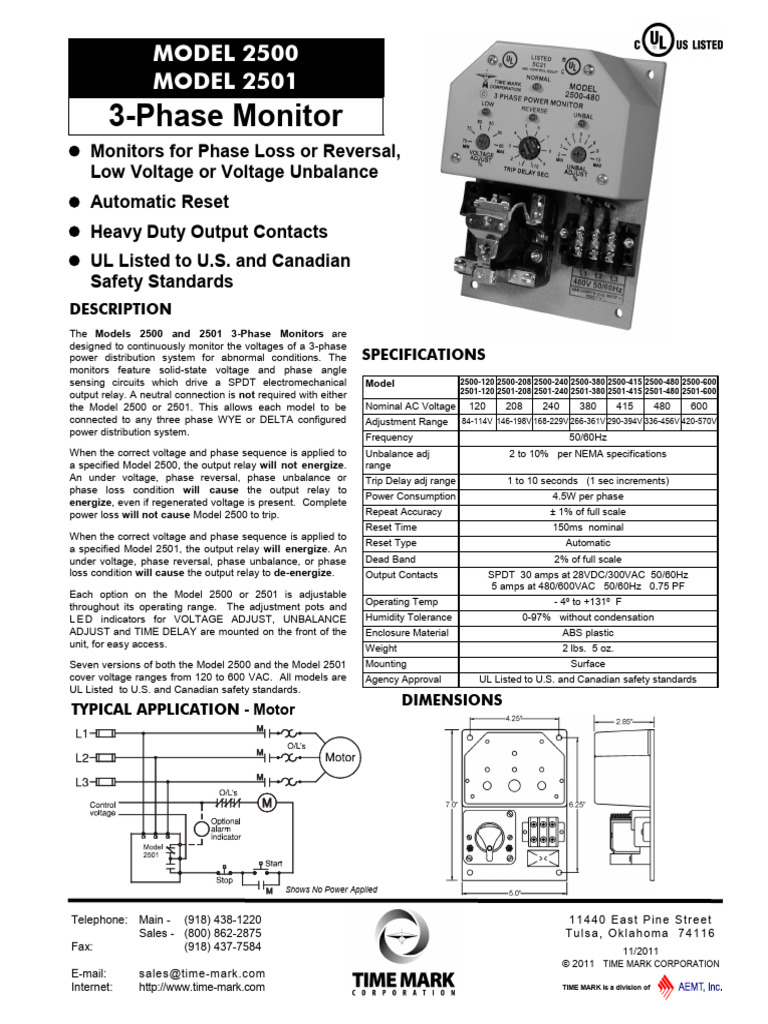 3-Phase Monitor Model 2500/480 Specs | PDF | Relay | Electricity