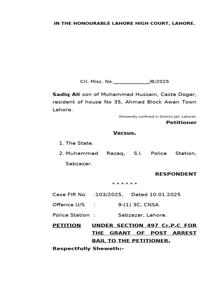 Post-Arrest Bail Petition Lahore 2025 | PDF | Bail | Arrest