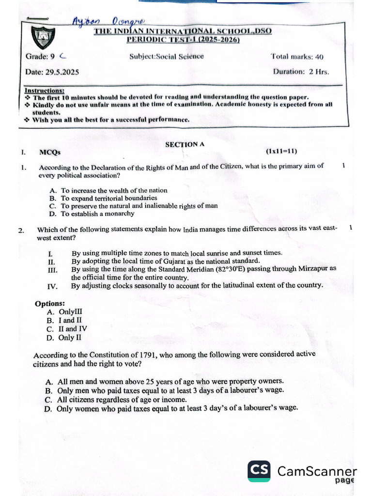 Social Science Periodic Test Paper Class 9 | PDF