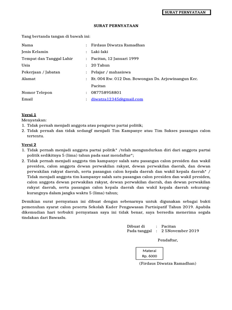 Draft - Surat Pernyataan Tidak Pernah | PDF