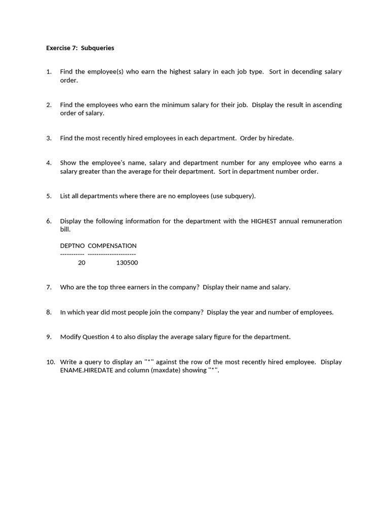 Exercise 7 Subquery | PDF