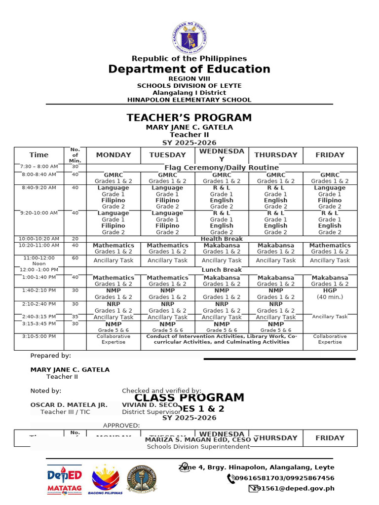 Hinapolon Elementary School Class Program | PDF