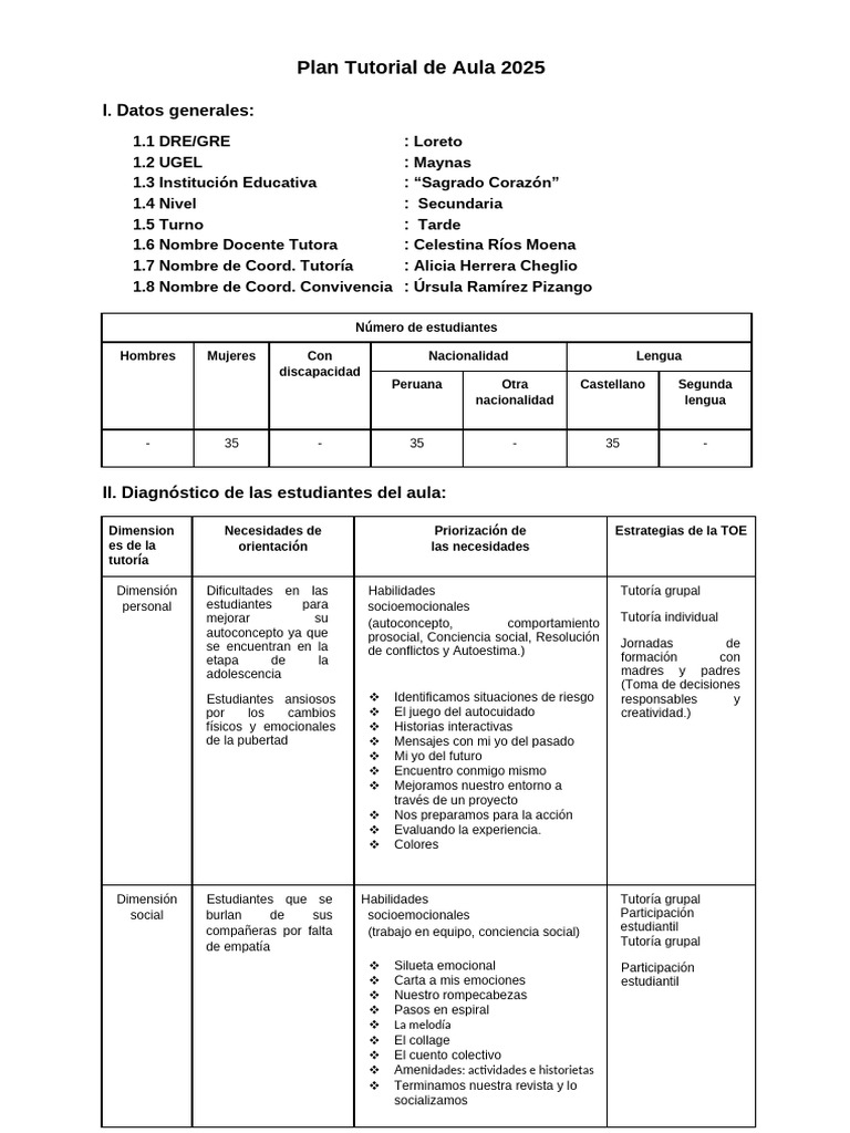 Plan Tutorial de Aula 2025 para Secundaria | PDF | Las emociones ...