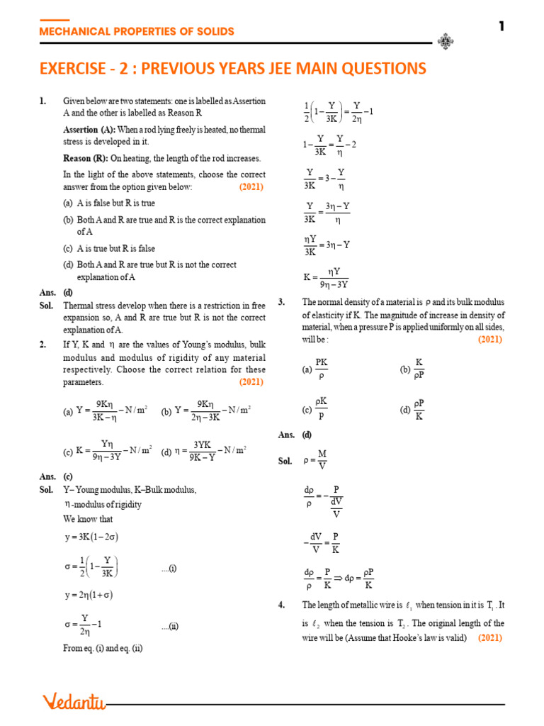 Exercise - 2: Previous Years Jee Main Questions: Mechanical Properties ...