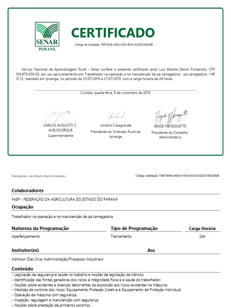 Certificado de Treinamento em Pá Carregadora | PDF