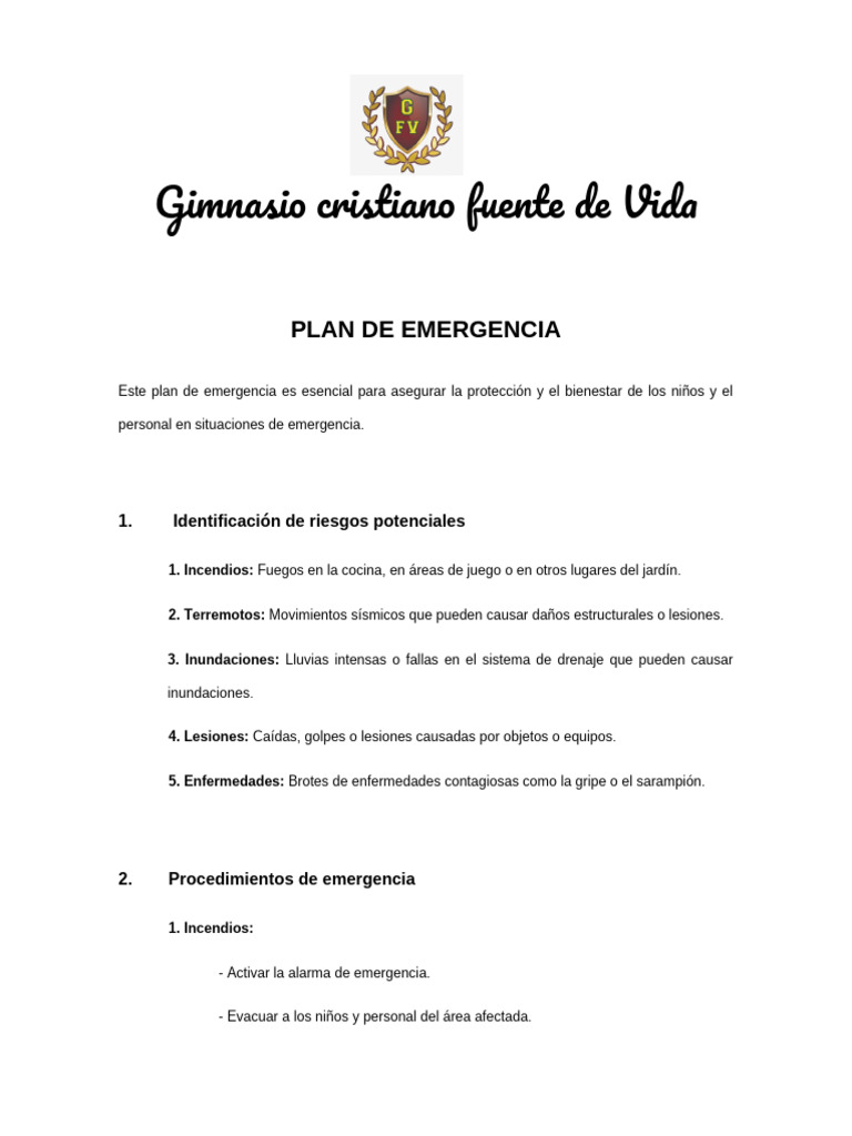 Plan de Emergencia para Gimnasio Infantil | PDF | Defensa Civil ...