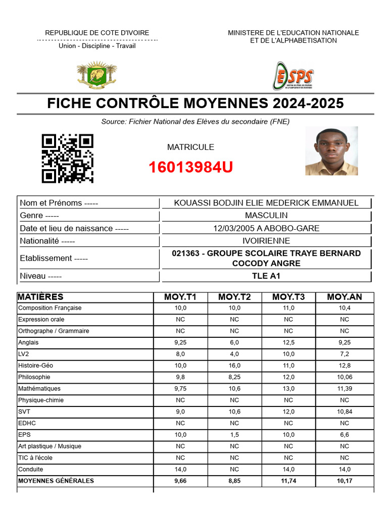 Fiche de Contrôle des Moyennes 2024-2025 | PDF