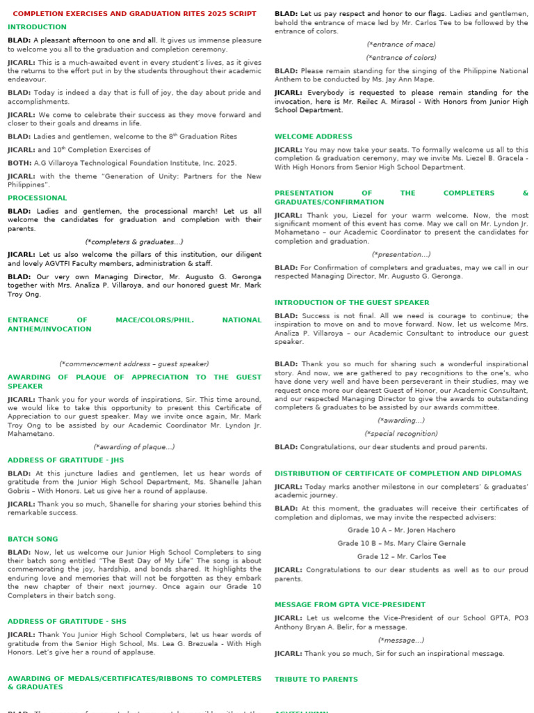 Completion and Graduation Rites 2025 Script | PDF | Seal (Emblem)