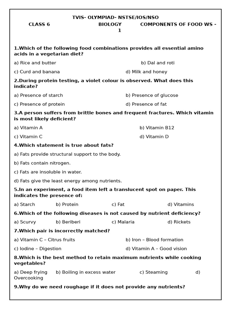Components of Food Worksheet Class 6 | PDF | Vitamin | Foods