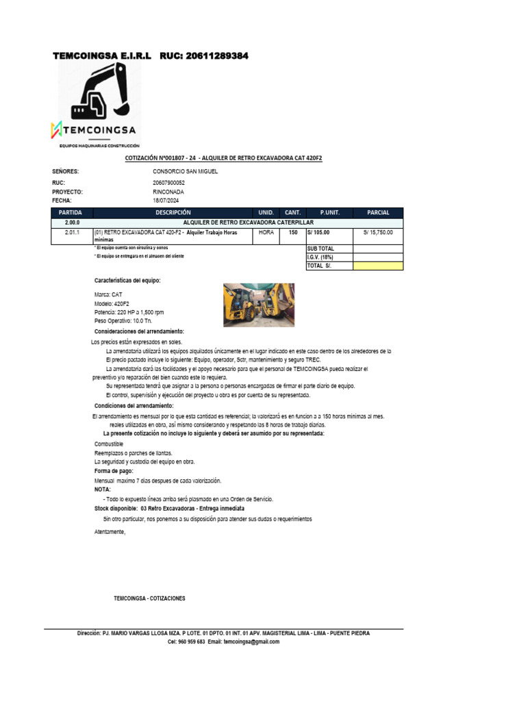 Cotizacion #0168 - 24 - Alquiler de Retroexcavadora | PDF