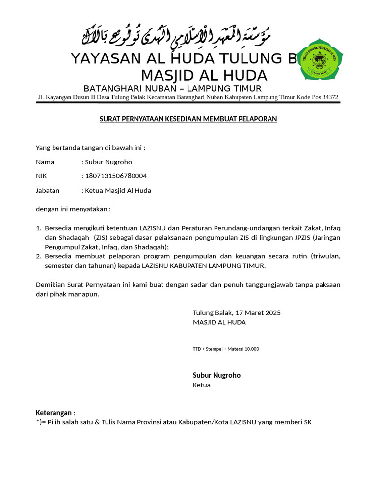 4. Draft Surat Pernyataan Kesediaan Laporan[1] | PDF