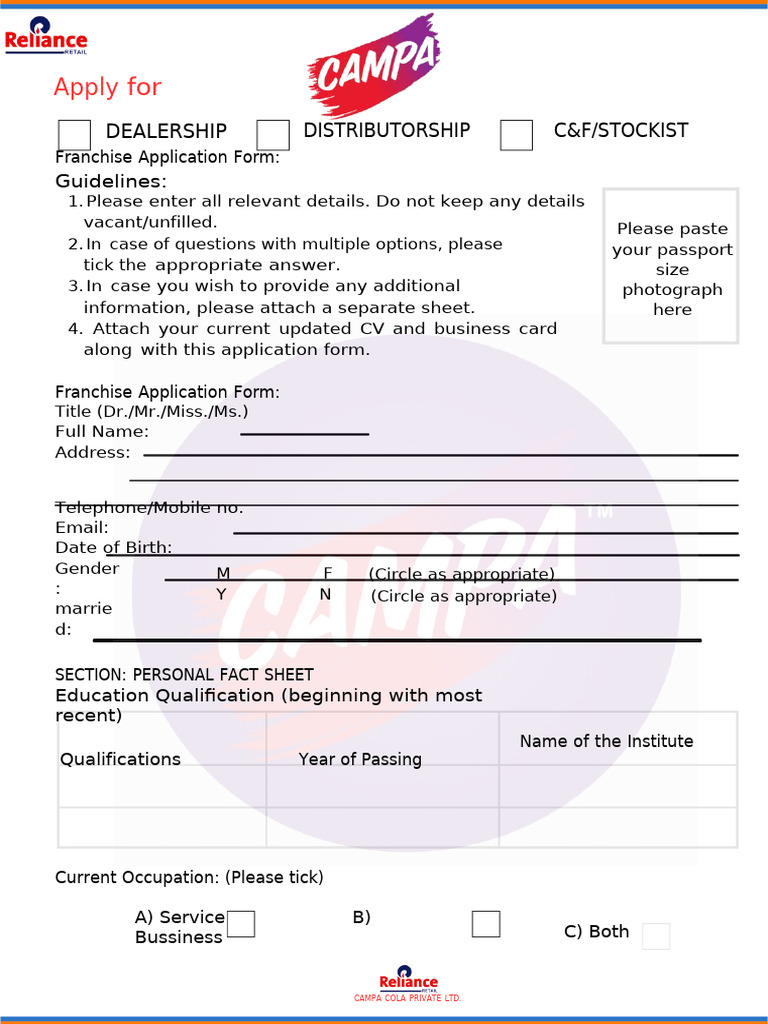 Campa Cola Dealership Application Form | PDF