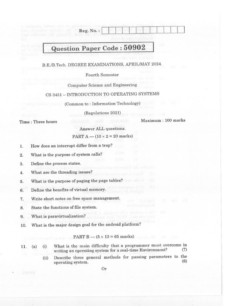 CS3451 Operating Systems Question Papers | PDF | Operating System ...