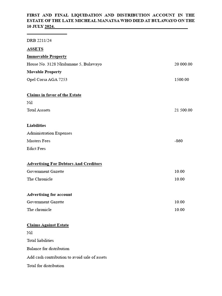 Final Liquidation Account for Estate | PDF