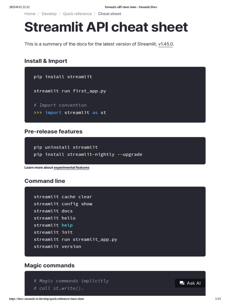 Streamlit API Cheat Sheet - Streamlit Docs | PDF | Cache (Computing ...