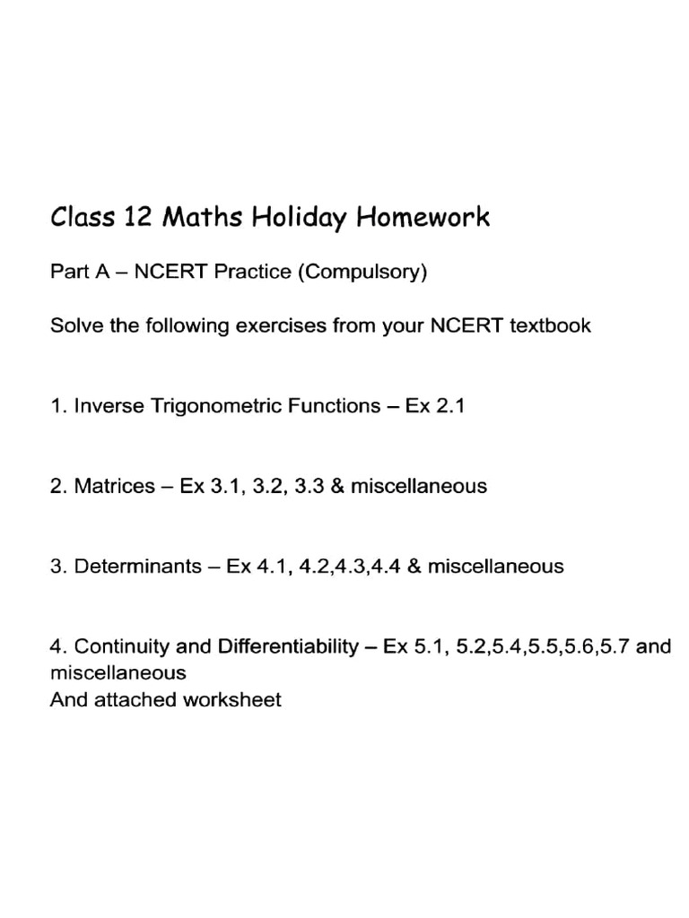 Class 12 Maths Holiday Homework Guide | PDF | Mathematical Objects ...
