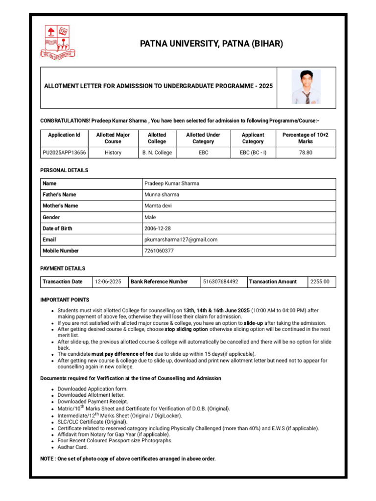 Patna University UG Admission Allotment 2025 | PDF