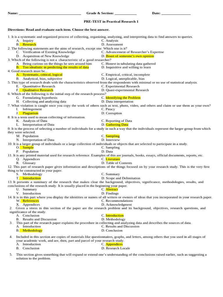 Pretest Research - Answer Key | PDF | Methodology | Data