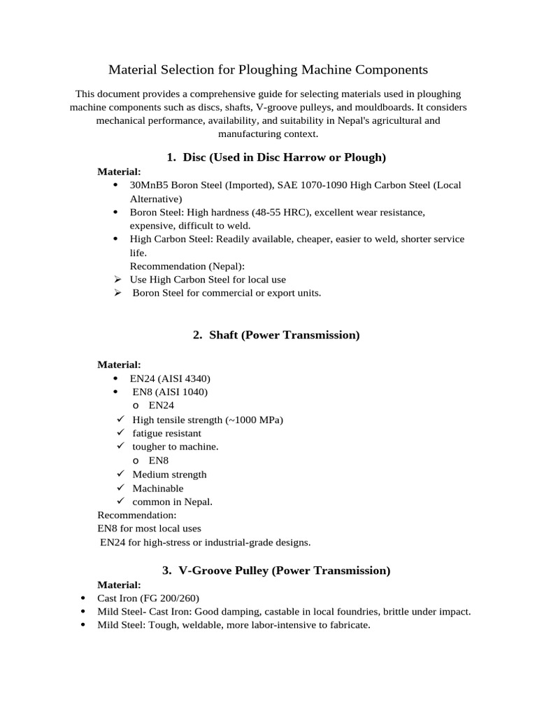 Material Selection For Ploughing Machine Components | PDF | Steel | Plough
