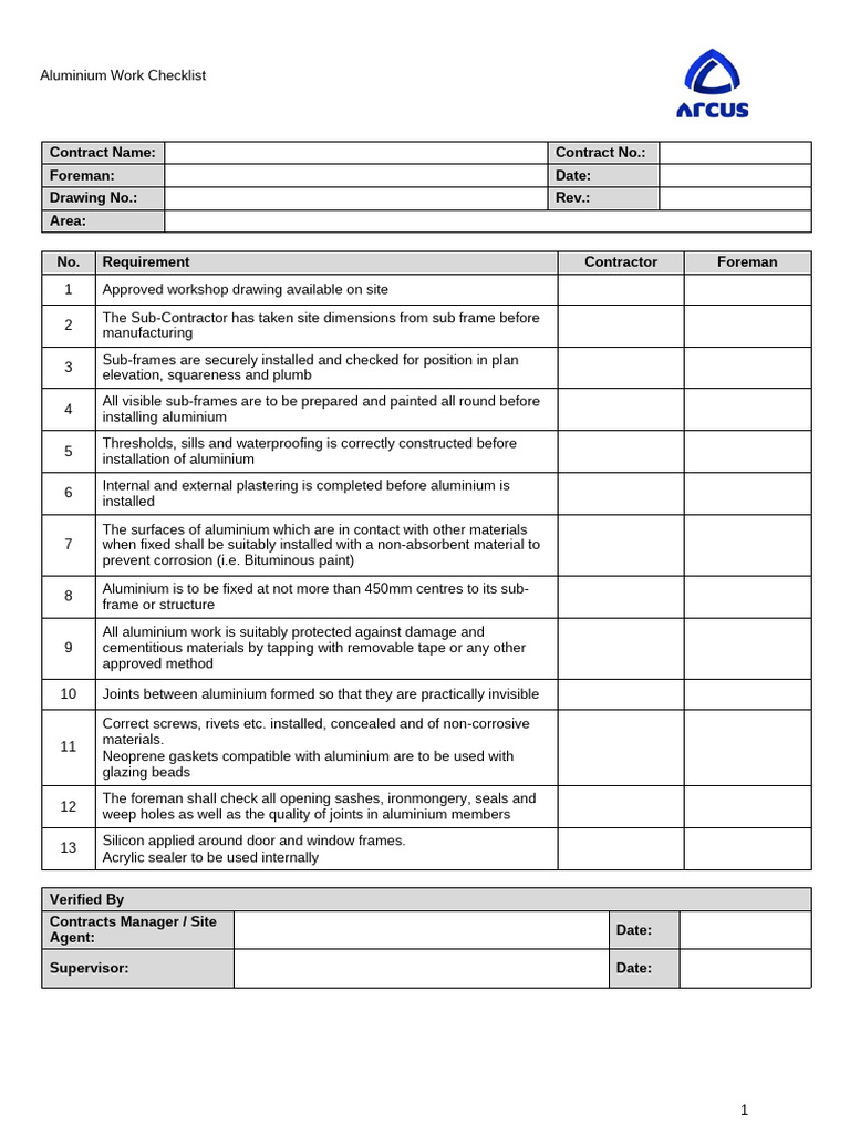 Aluminium Installation Work Checklist | PDF