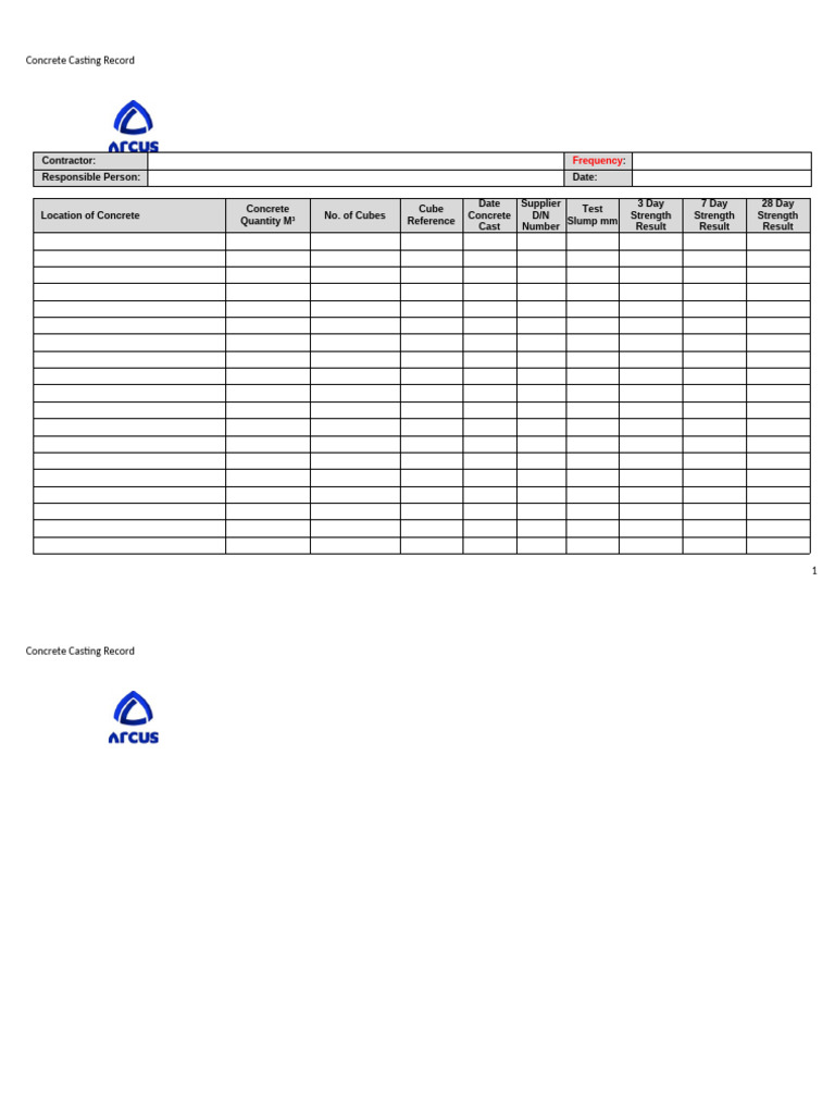 Concrete Casting Record Template | PDF
