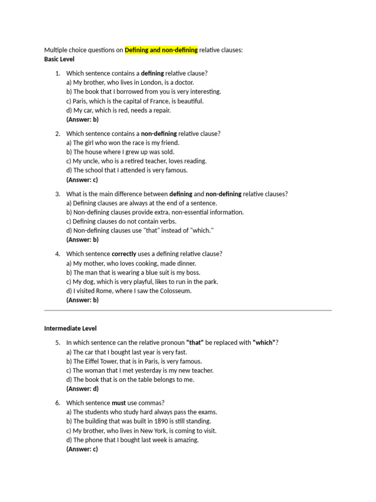 Defining and Non-Defining | PDF | Clause | Sentence (Linguistics)