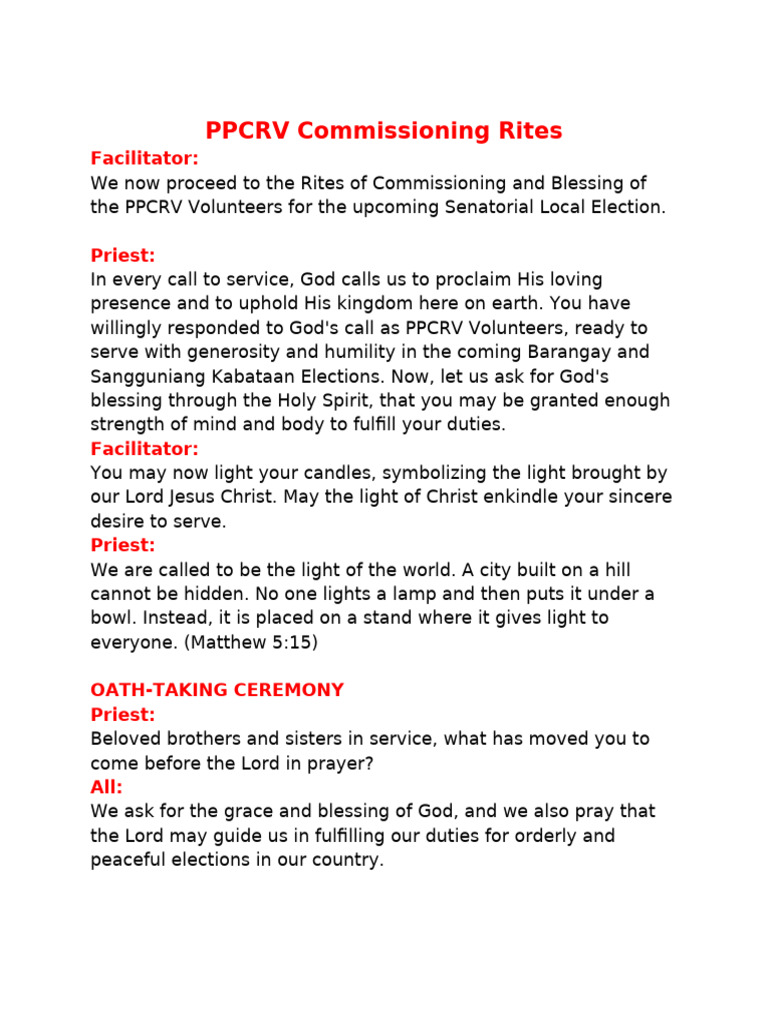 PPCRV Volunteers Commissioning Rites | PDF