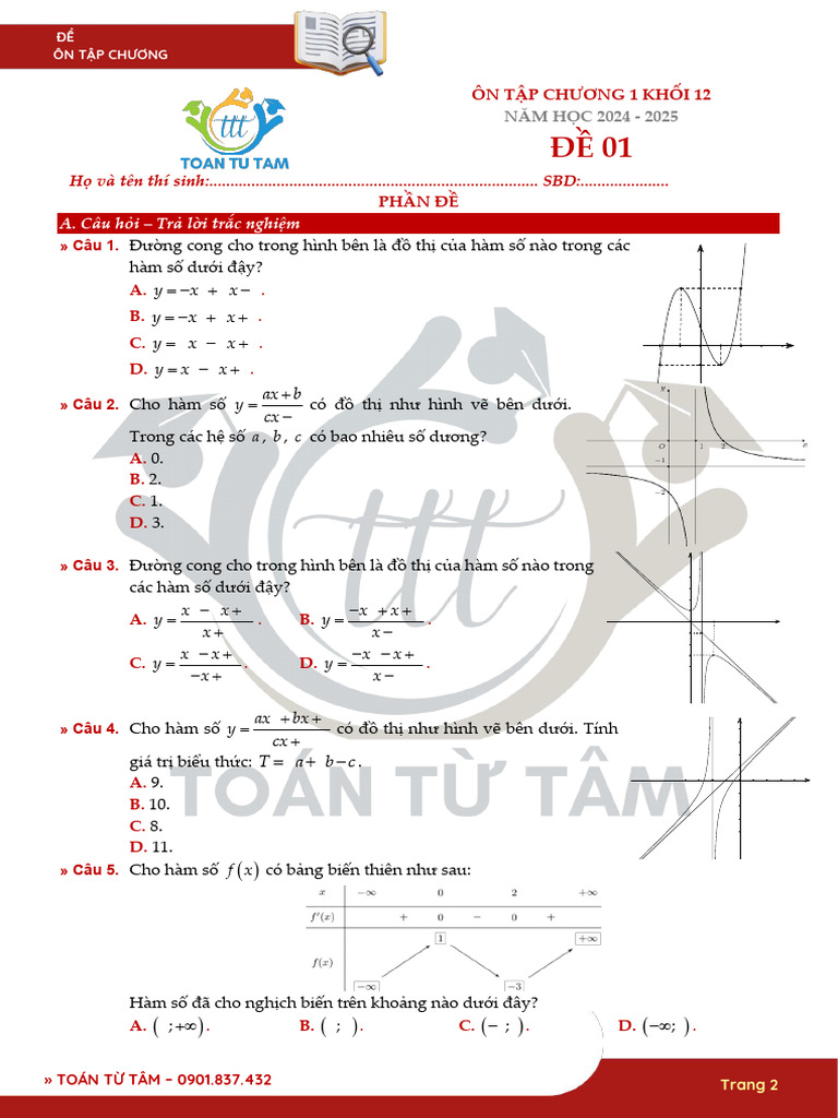 Đề ôn Chương 1 - Toán 12 | PDF