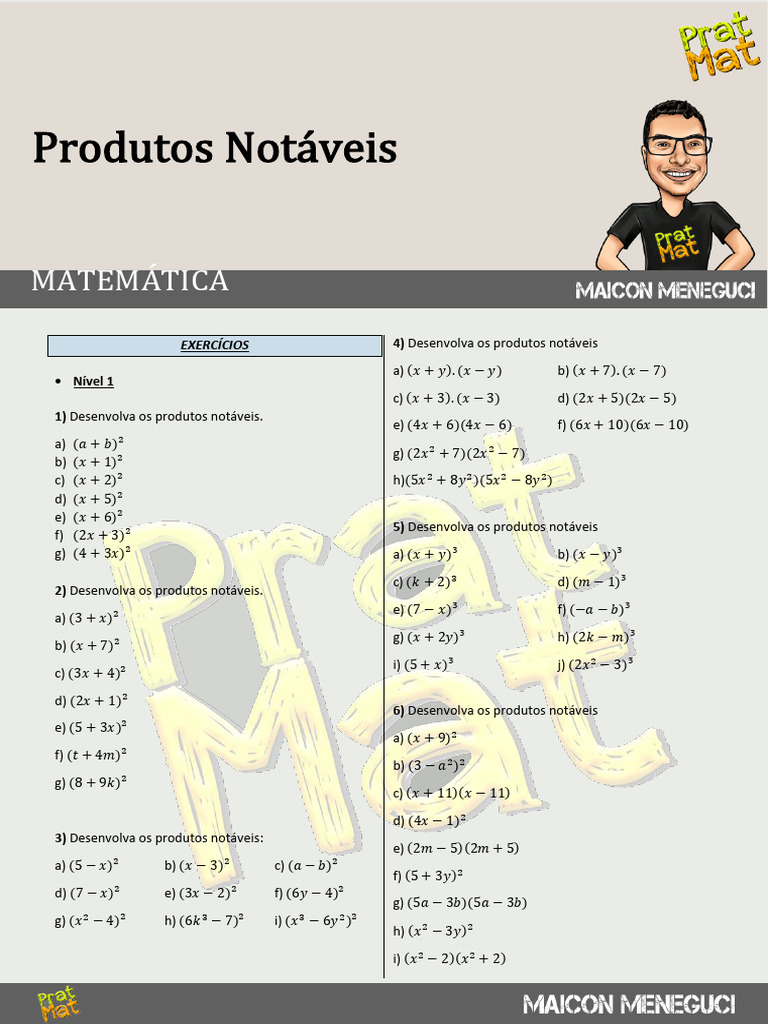 Exercícios de Produtos Notáveis 8º Ano | PDF