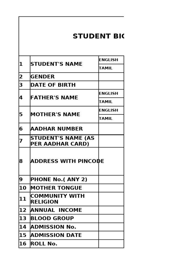 Student Bio-Data Format for Admission | PDF