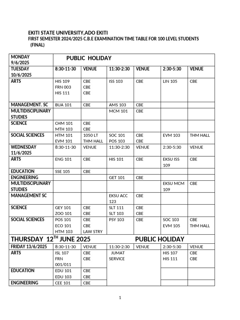 Make Up Final Ccmas 100 Level First Semester Exam Time Table | PDF