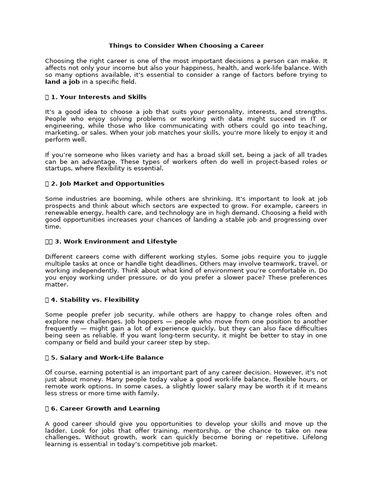Reading - Things To Consider When Choosing A Career | PDF | Employment ...