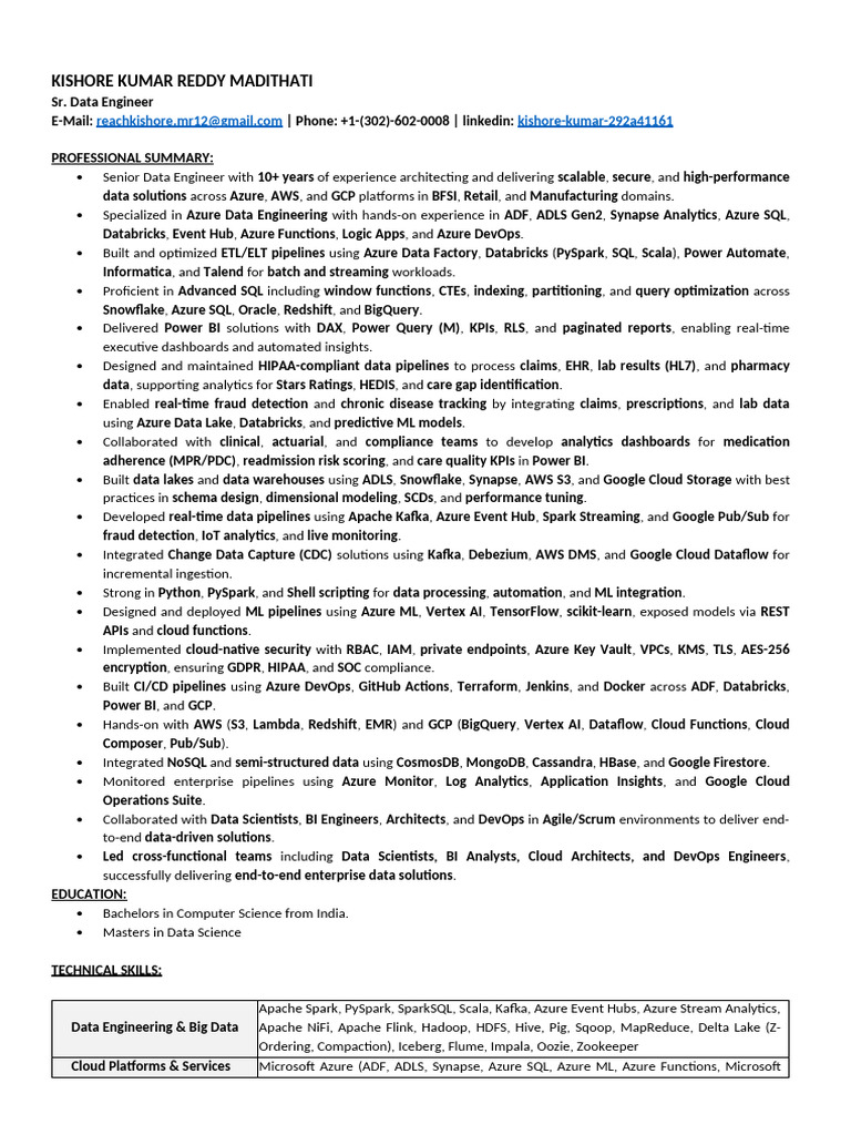 Senior Data Engineer Profile: Kishore Reddy | PDF | Apache Spark ...