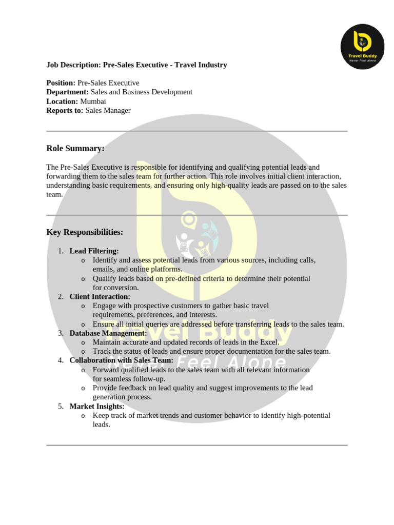 JD For Pre Sales Executive | PDF