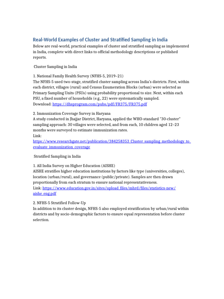 Cluster and Stratified Sampling India | PDF