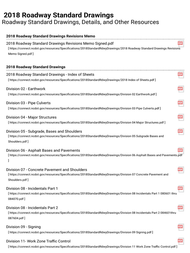 2018 NCDOT Roadway Standard Drawings PDF Road Surface Transport