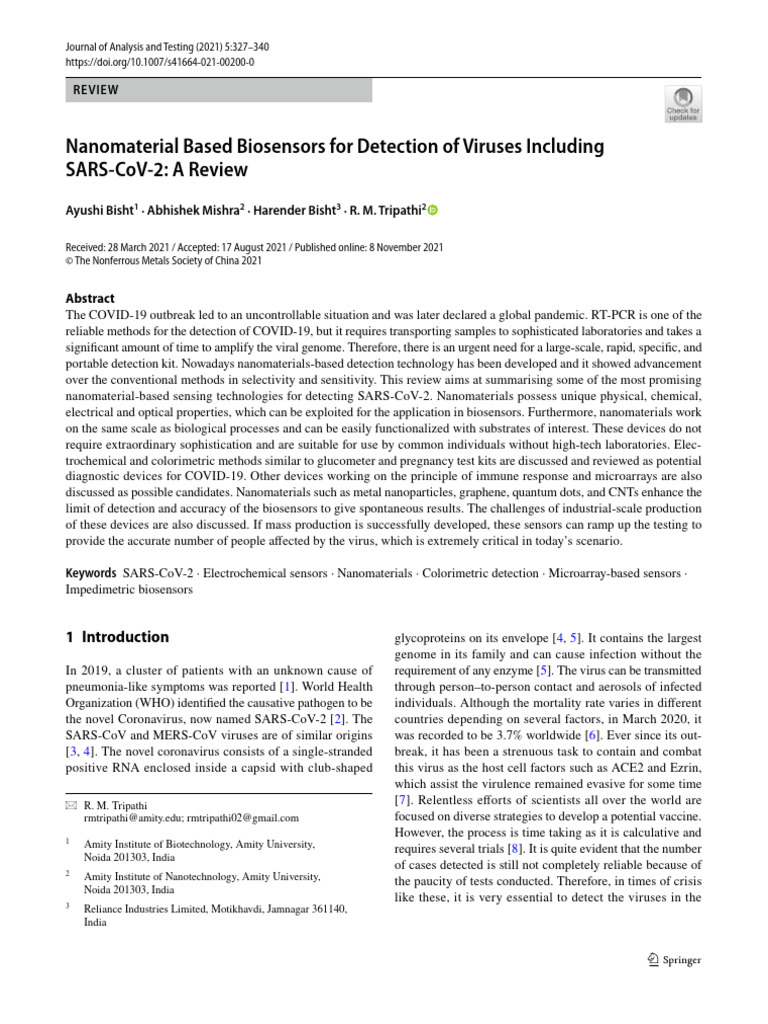 Nanomaterial Based Biosensors For Detection of Viruses Including | PDF ...