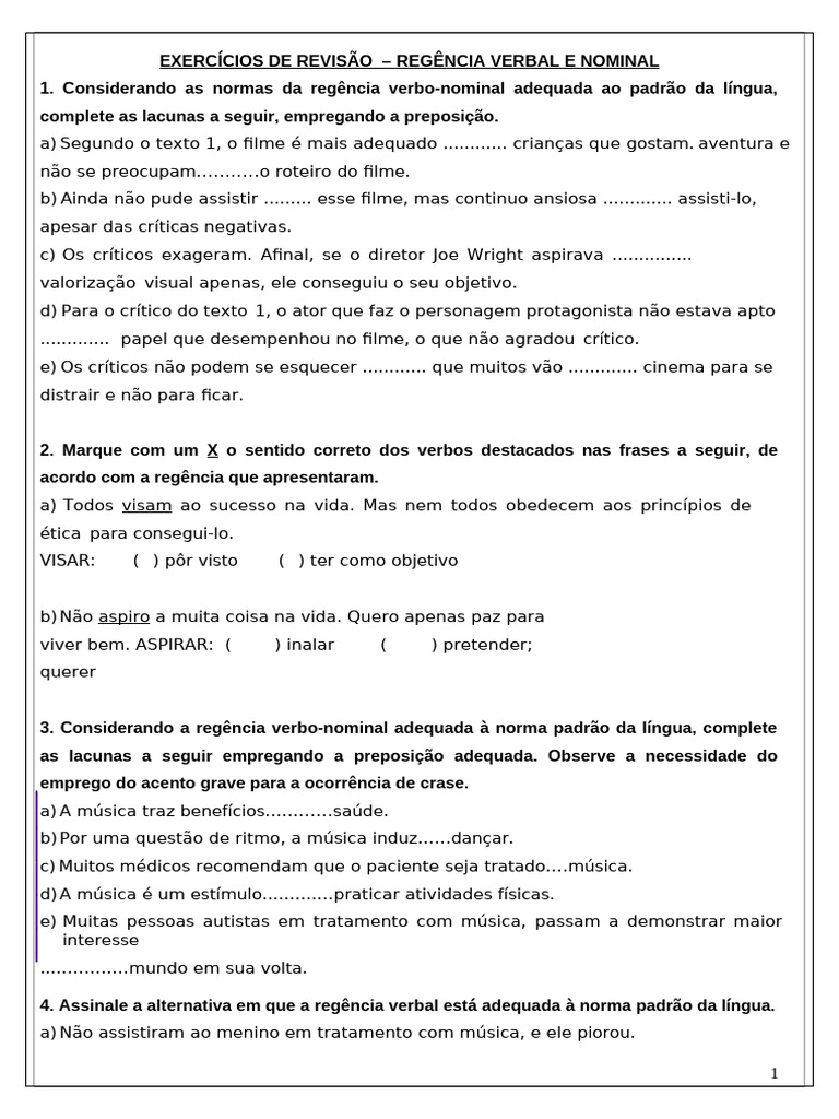 Exercícios de Regência Verbal e Nominal | PDF
