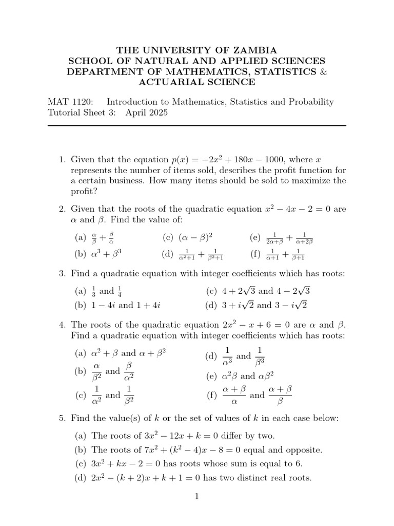 Mat 1120 Tutorial Sheet 3 2025 Pdf Square Root Zero Of A Function