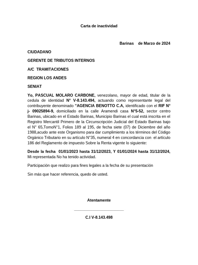 Carta de inactividad SENIAT 2024 | PDF