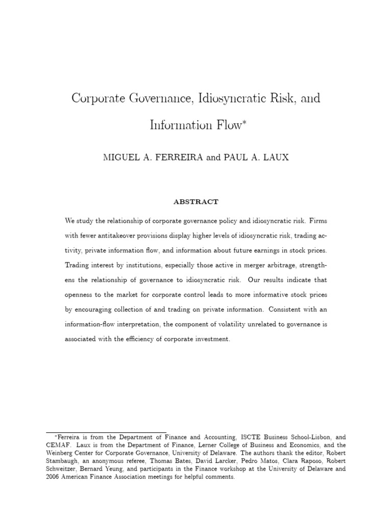 Corporate Governance and Idiosyncratic Risk | PDF | Volatility (Finance ...